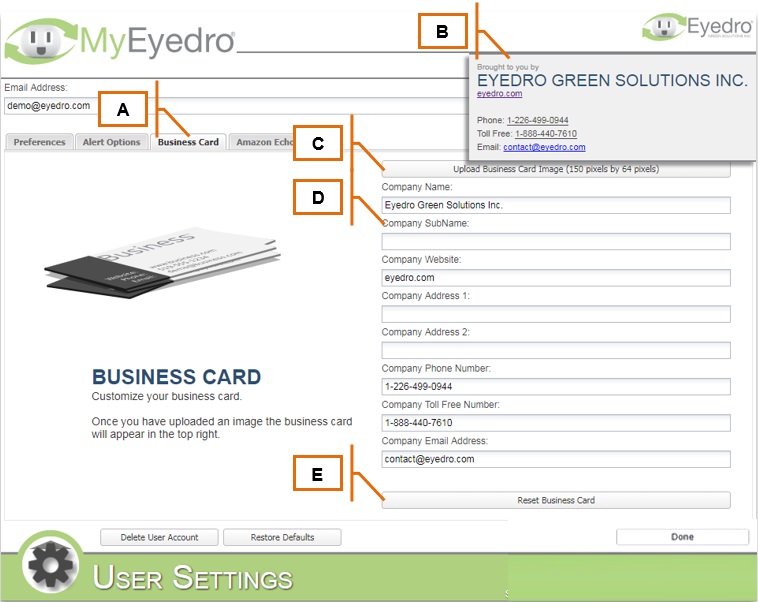 MyEyedro User Settings Business Card Tab