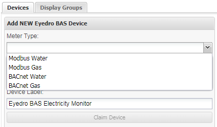 Screenshot of MyEyedro BAS Device Meter Type
