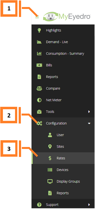 Navigation example of how to reach the Rate Configuration page
