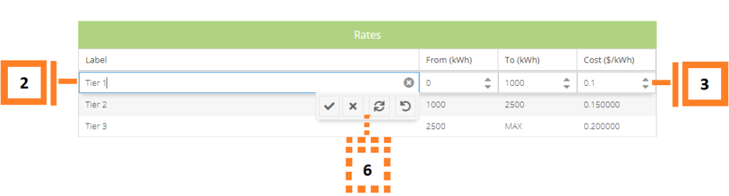 Numbered image of how to edit the rows of the tiered rate profile.